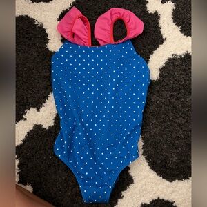Mini Boden Blue Polka Dot One-Piece Swimsuit with Pink Ruffle Straps